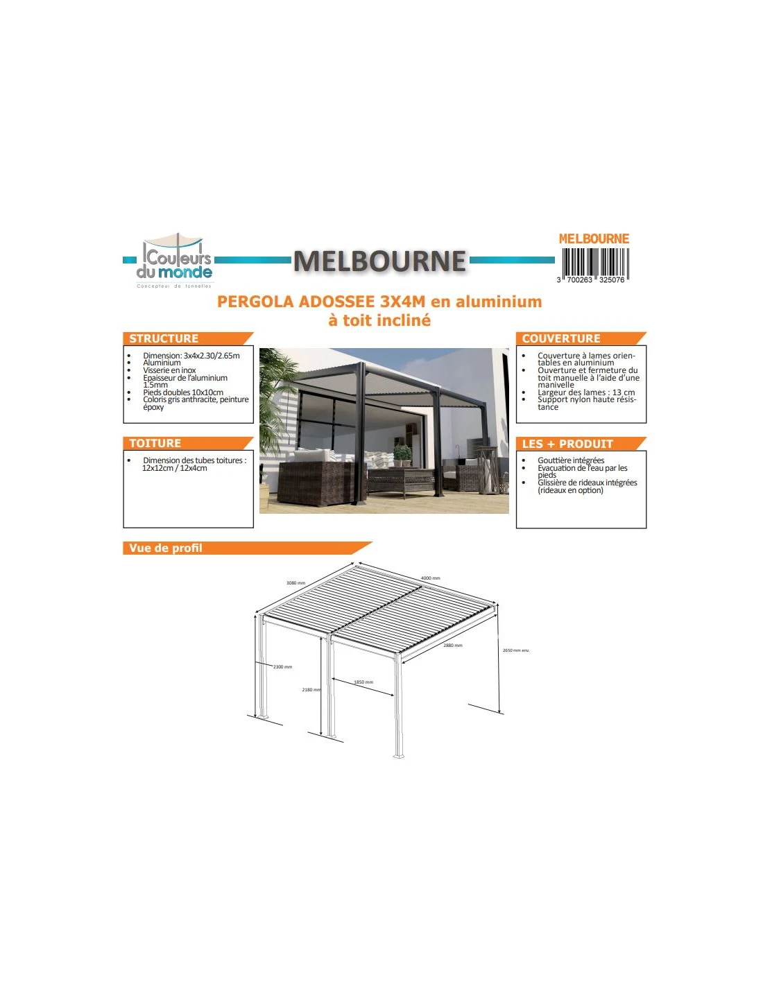 Pergola Adossée Bioclimatique MELBOURNE 3x4 M En Aluminium – Image 2