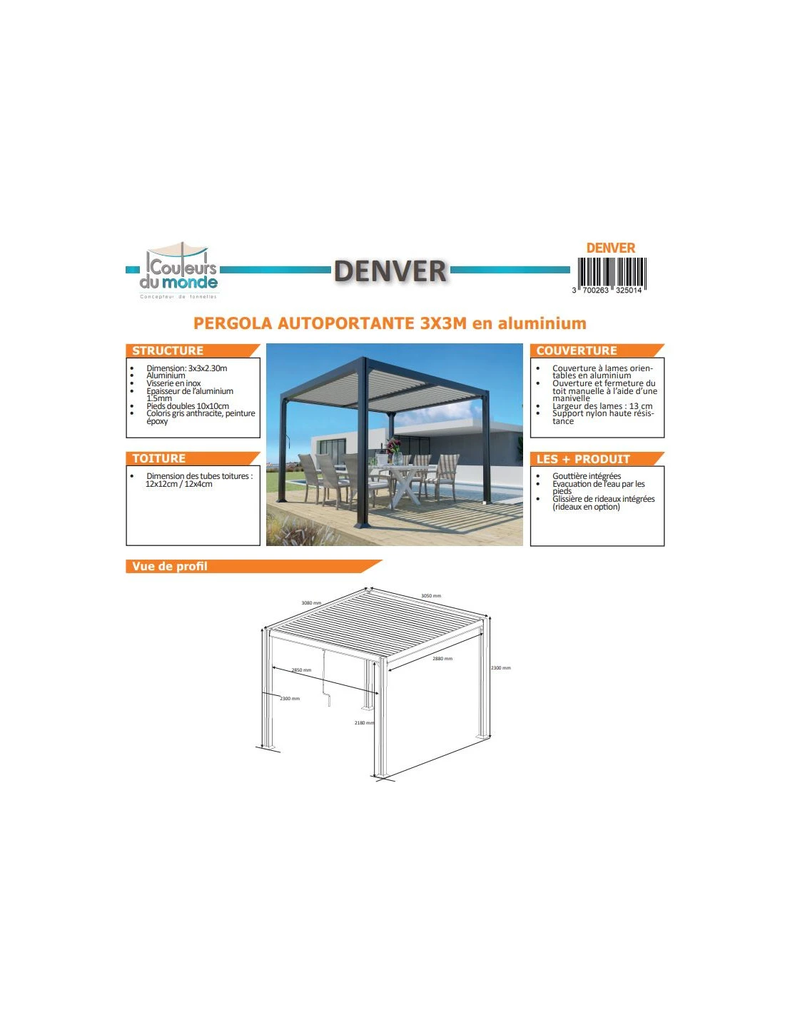 Pergola Bioclimatique Autoportante DENVER 3 X 3 M – Image 2