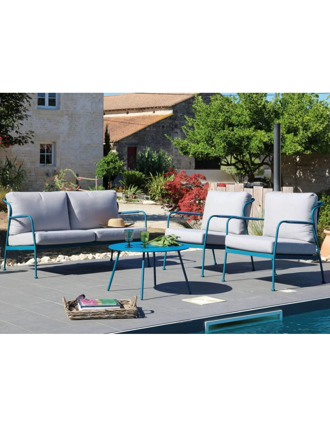 Salon De Jardin Noa 4 Places En Acier - Bleu/Beige Clair â Image 4